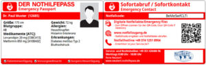 Der Nothilfepass rettet Leben. Vorderseite (links) mit Ihren persönlichen Daten. Auf der Rückseite die Kontaktinformationen.